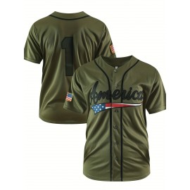 Men's Army Green #1 Baseball Jersey Loose Embroidery Sporty, Fashionable, Casual, Breathable On The Street