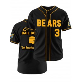 Men's #3 Bear Embroidered Baseball Jersey - Black & Yellow, Loose Fit, Breathable V-Neck, Casual Streetwear for Sports & Outdoor Activities, Outdoor Activewear | Striped Sports Shirt | Durable Embroidery