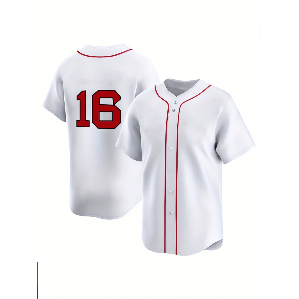 Men's Boston #16 Baseball Jersey - Moisture-Wicking Breathable 100% Polyester, Lightweight UV Protection & Fade-Resistant, V-Neck Button-Up Sportswear for Training, Casual Wear, Outdoor Activities - Ideal Gift for Baseball Fans