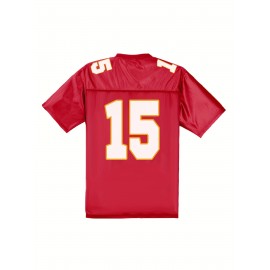 Men'S Kansas City #15 Polyester Red Football Jersey T Shirts, V-Neck Sports Shirt With Slight Stretch, Breathable Casual Knit Fabric For All Seasons, Loose Fit Adult & Teen, Fans Gift Men Youth