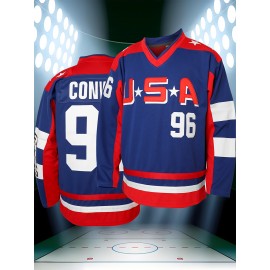 Men's #96 Blue & Red USA Hockey Jersey - V-Neck,, Lightweight Polyester Captain's Sweatshirt with Striped Accents for Team Sports, Casual Wear & More