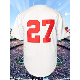 [Casual Style] Men's #27 White Baseball Jersey - Breathable V-Neck, Loose Fit with 