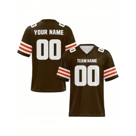Custom Football Jersey - Personalized Name & Number, Breathable Fabric, V-Neck Design for Team Uniforms & Casual Sports Wear - Brown with White & Orange Accents, Summer Athletic Apparel, Custom Football Jersey, Comfortable Sports Apparel