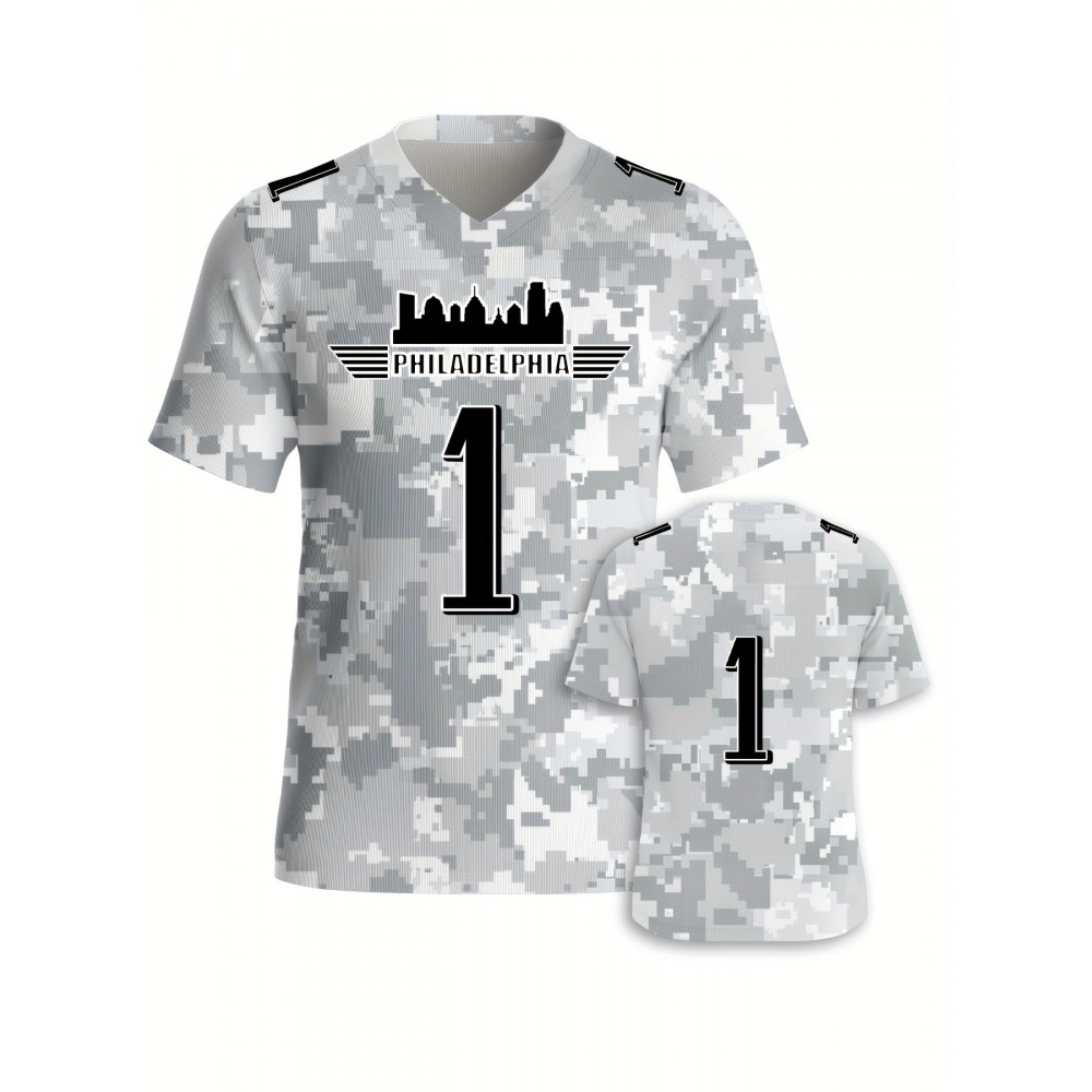 Men's Arctic Camo Philadelphia #1 Polyester Football Jersey, Men V-Neck Sports Shirt With Slight Stretch, Breathable Casual Knit Fabric For All Seasons, Loose Fit Adult, Fans Gift Men, For Training Competition Festival Party Outdoor Sports