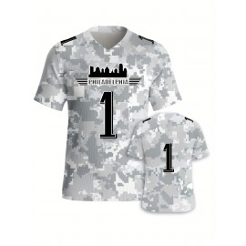 Men's Arctic Camo Philadelphia #1 Polyester Football Jersey, Men V-Neck Sports Shirt With Slight Stretch, Breathable Casual Knit Fabric For All Seasons, Loose Fit Adult, Fans Gift Men, For Training Competition Festival Party Outdoor Sports